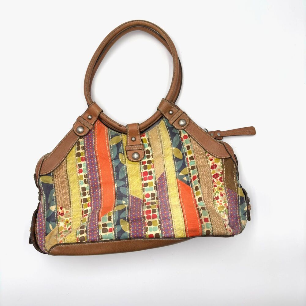 Fossil ZB2572 Patchwork Canvas Leather Satchel Handbag Multicolor Y2K Bohoemian